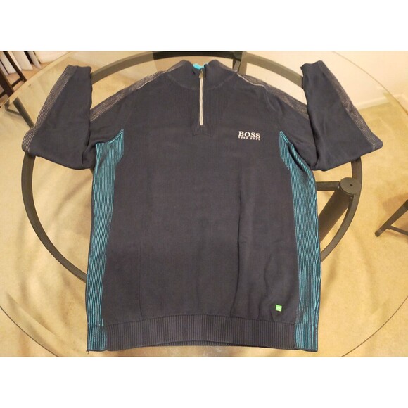 Hugo Boss Dark Light Blue Long Sleeve Zip Sweater Size Large